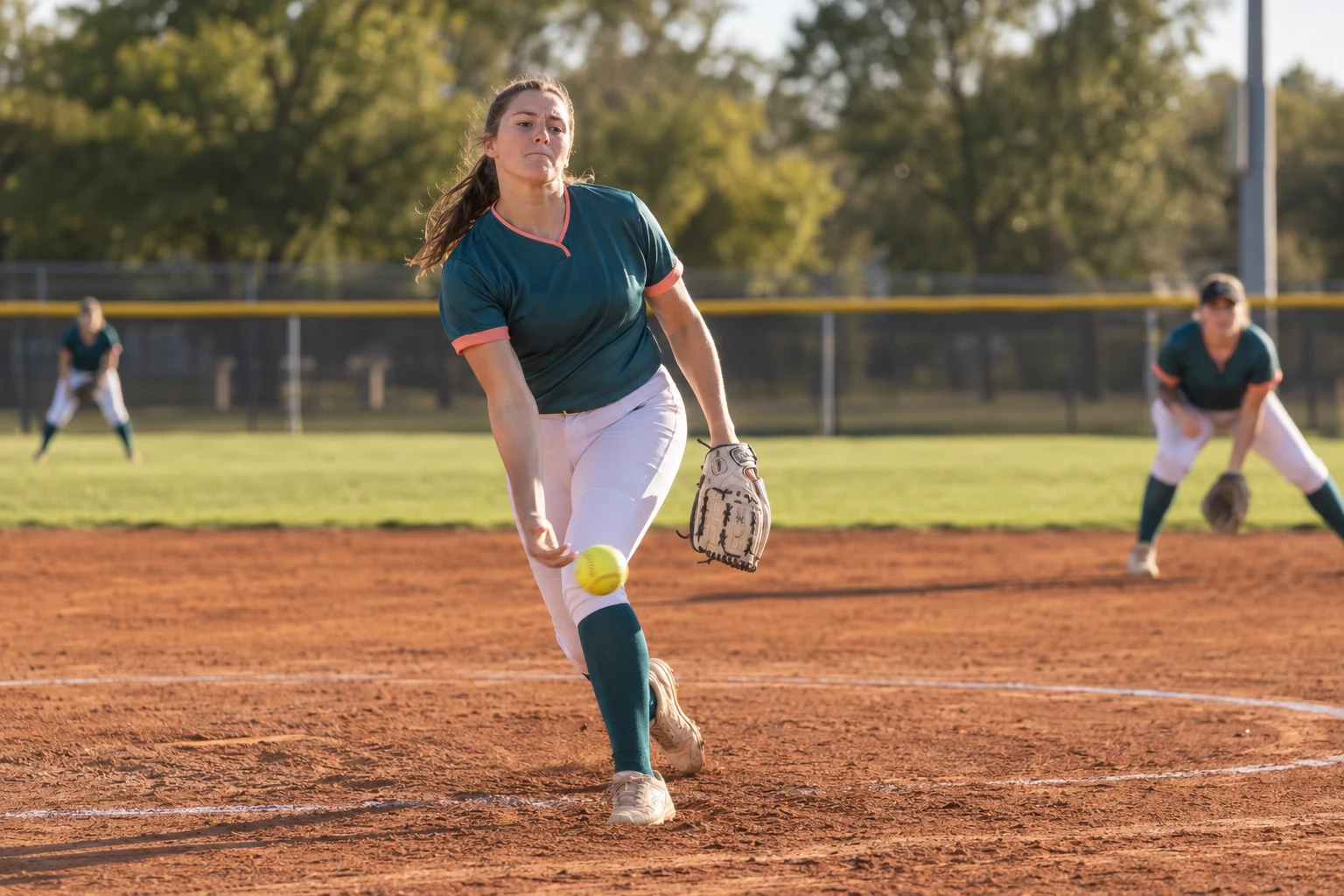 Softball players in action on a fictional league game day