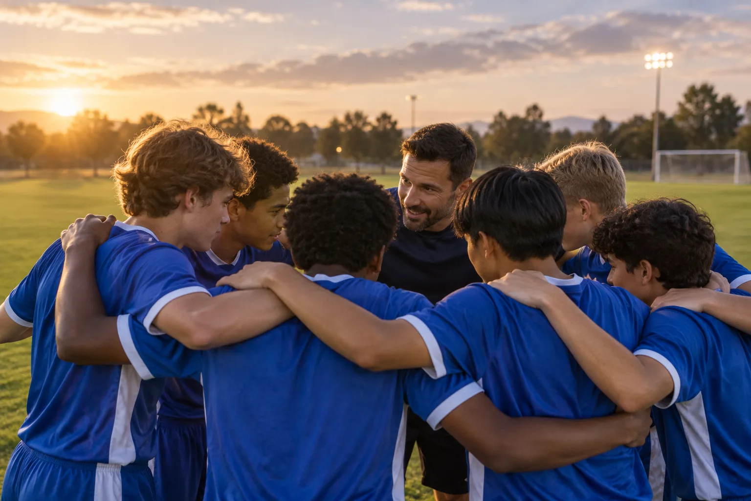 Soccer players in blue jerseys huddle with their coach on a sunlit field.