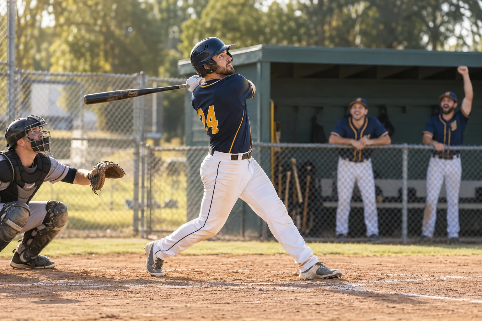 A baseball player takes a swing while teammates watch from the dugout