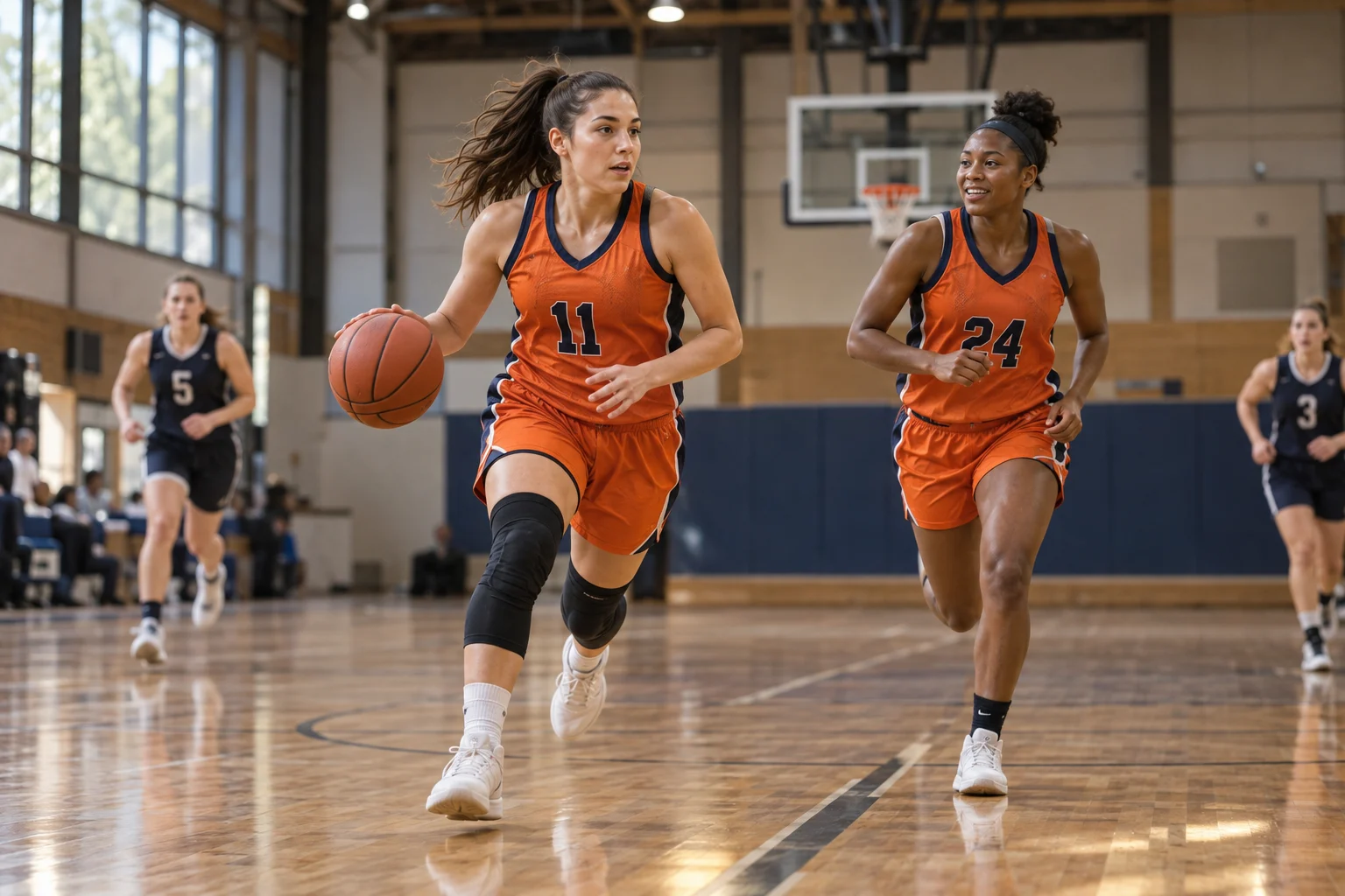 Basketball teammates advancing together during a game