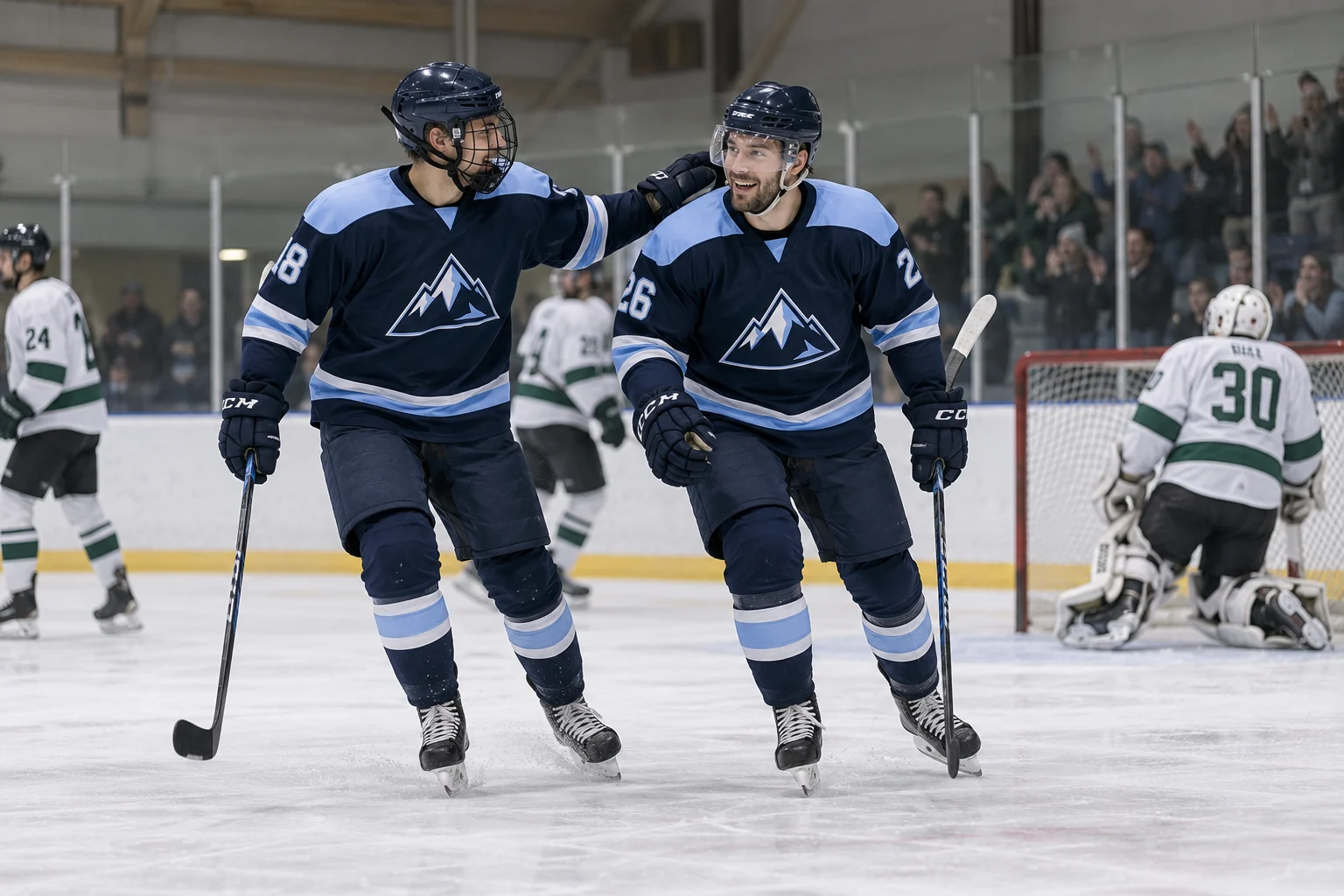 Hockey teammates moving together across the ice