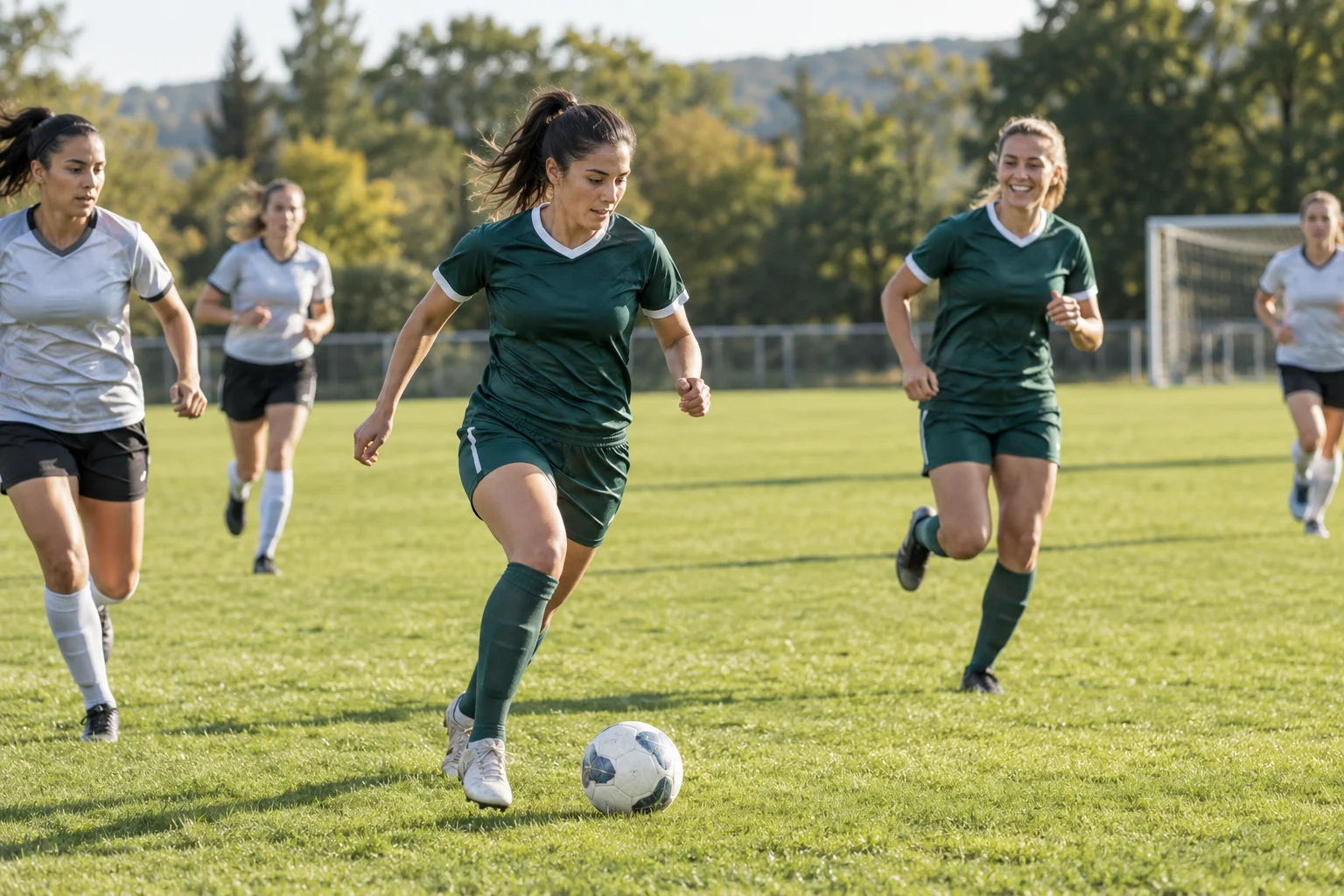 Soccer teammates moving upfield together in warm afternoon light
